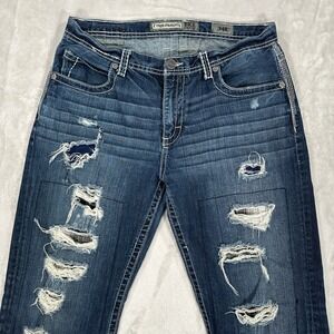 BKE Denim Tyler Straight Jeans Mens 34R Distressed Ripped Blue Wash